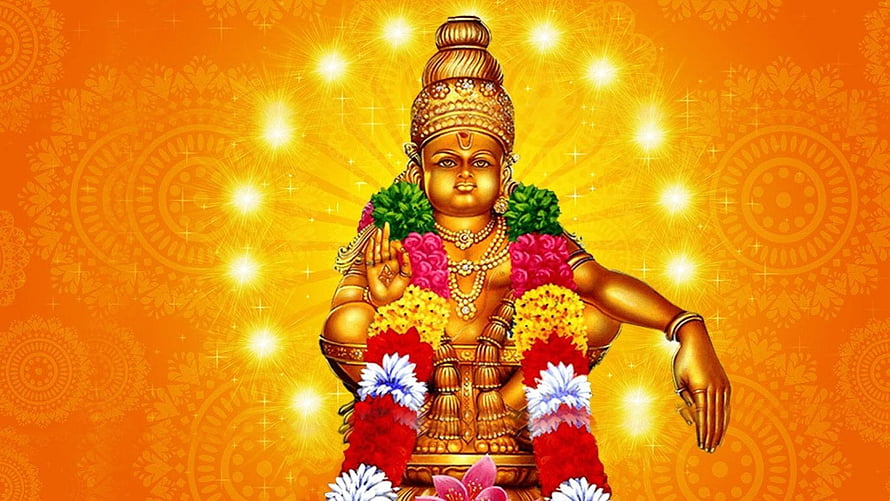 Golden Ayyappa Deity Adorned With Vibrant Flower Garlands Against Radiant Orange Background HD wallpaper