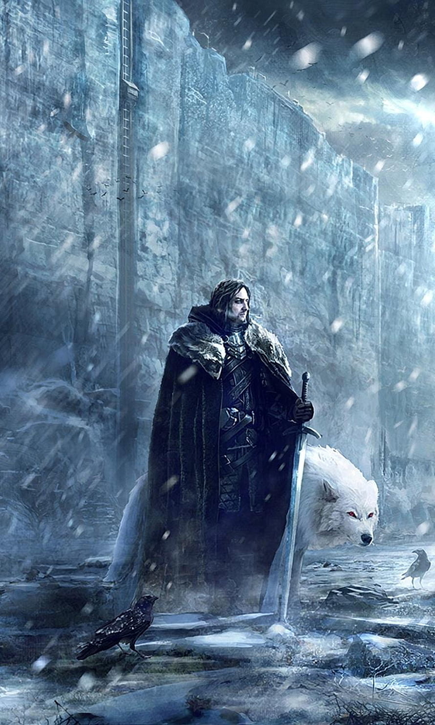 Game of Thrones Knight with Direwolf and Raven in Snowy Winter Landscape HD phone wallpaper