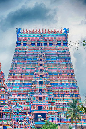 Vibrant Colorful Hindu Temple Gopuram Tower Architecture With Intricate Sculptures And Statues HD phone wallpaper