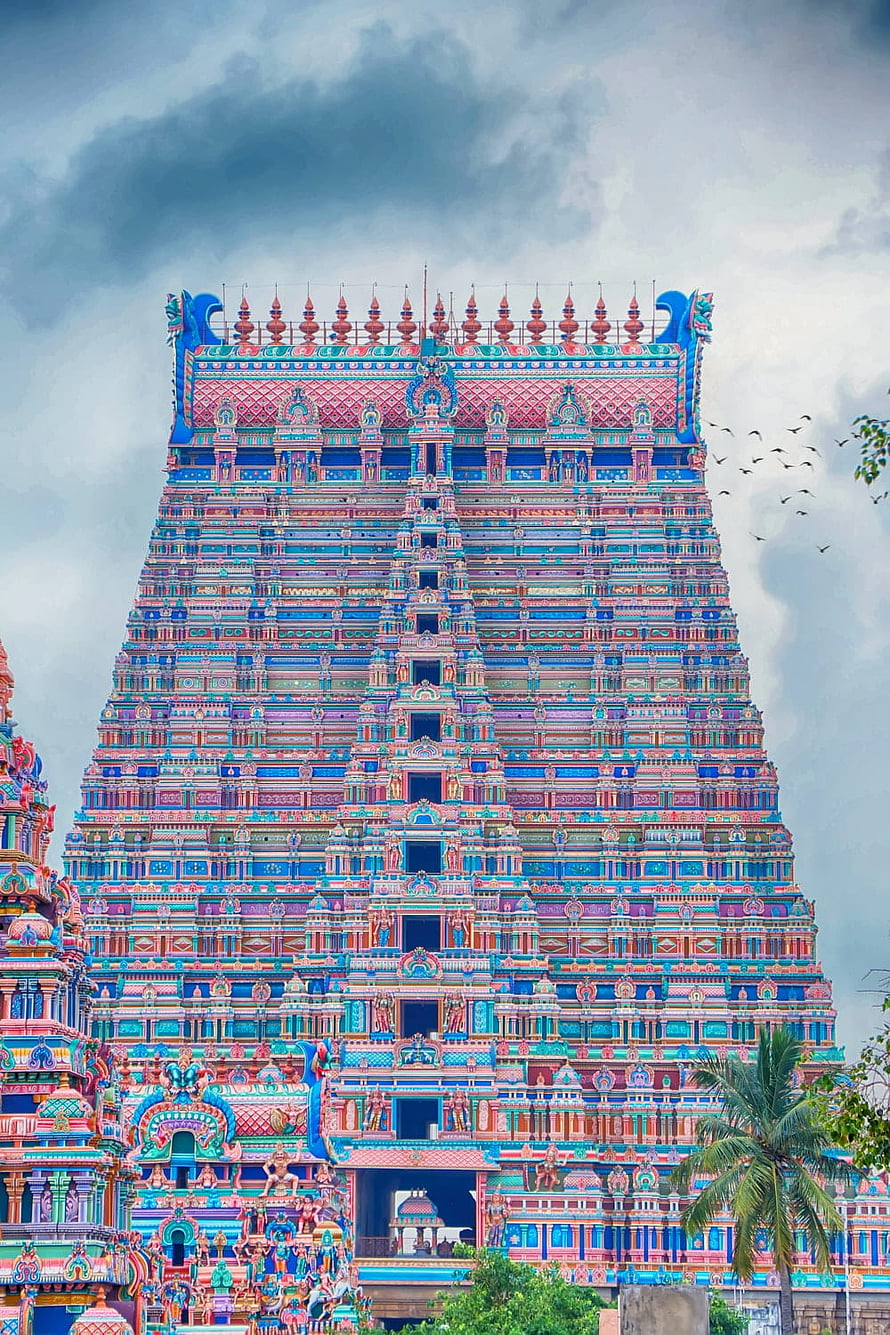 Vibrant Colorful Hindu Temple Gopuram Tower Architecture With Intricate Sculptures And Statues HD phone wallpaper