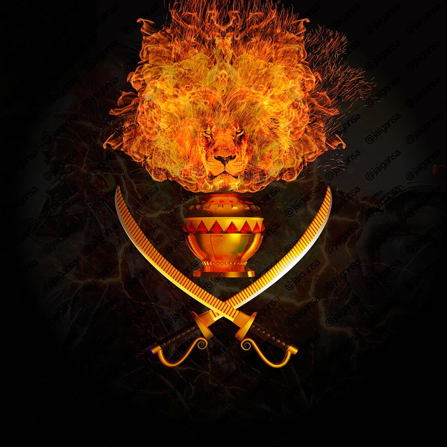 Fiery Lion Head Above Crossed Swords and Golden Trophy on Dark Background HD phone wallpaper