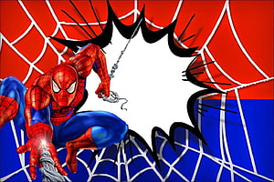 Spider-Man bursting through a web background with a white space for text, spiderman backgrounds invitation, cartoon spiderman background HD wallpaper