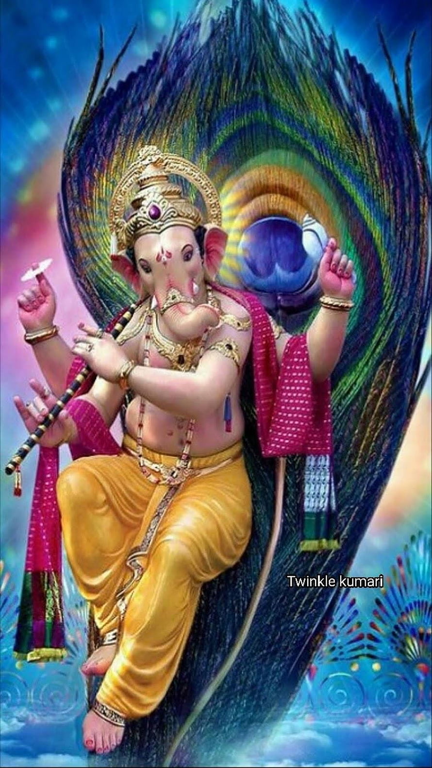 Lord Ganesha Digital Art with Peacock Feather Background and Golden Crown HD phone wallpaper