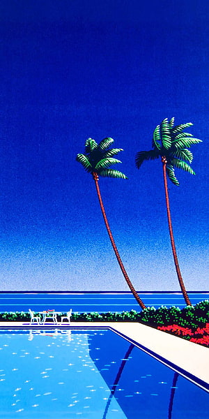 Vibrant Blue Tropical Poolside Scene With Palm Trees And Ocean View HD phone wallpaper