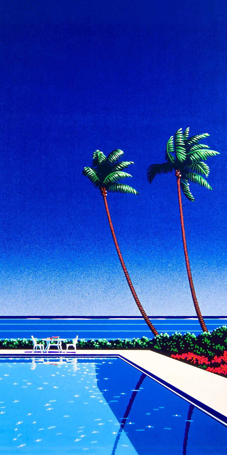 Vibrant Blue Tropical Poolside Scene With Palm Trees And Ocean View HD phone wallpaper