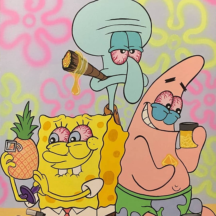 SpongeBob, Patrick, and Squidward in a Stylized Cartoon Scene with Pineapple and Drinks HD phone wallpaper
