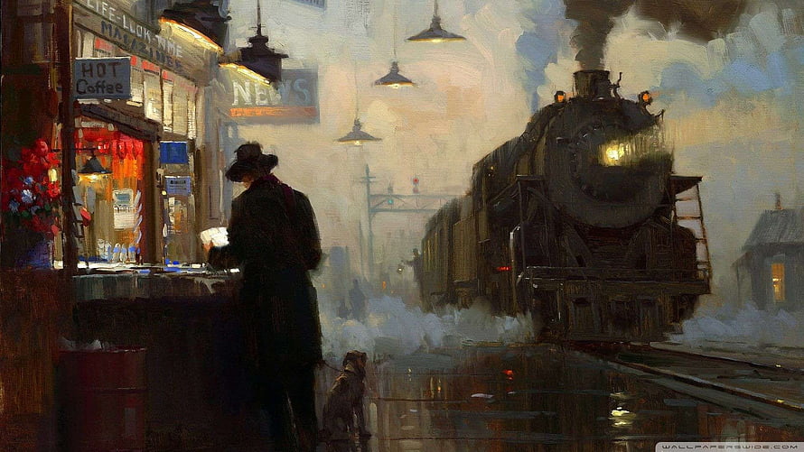Moody Digital Painting of a Steam Train Arriving at a Rainy Vintage Station HD wallpaper