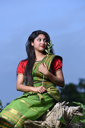 Bengali woman in green silk saree holding a leafy branch against a clear blue sky, stock of beautiful eyes, bengali, Bengali Girl, village beautiful girl HD phone wallpaper