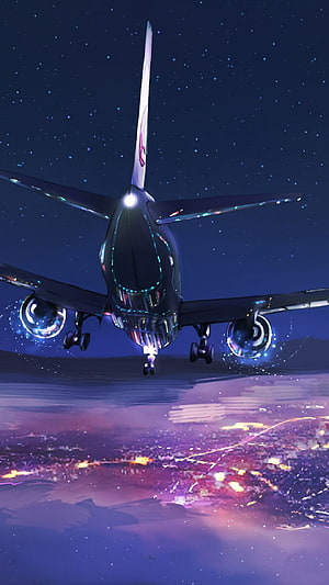 Aesthetic Night Flight: Commercial Airplane Approaching City Lights HD phone wallpaper