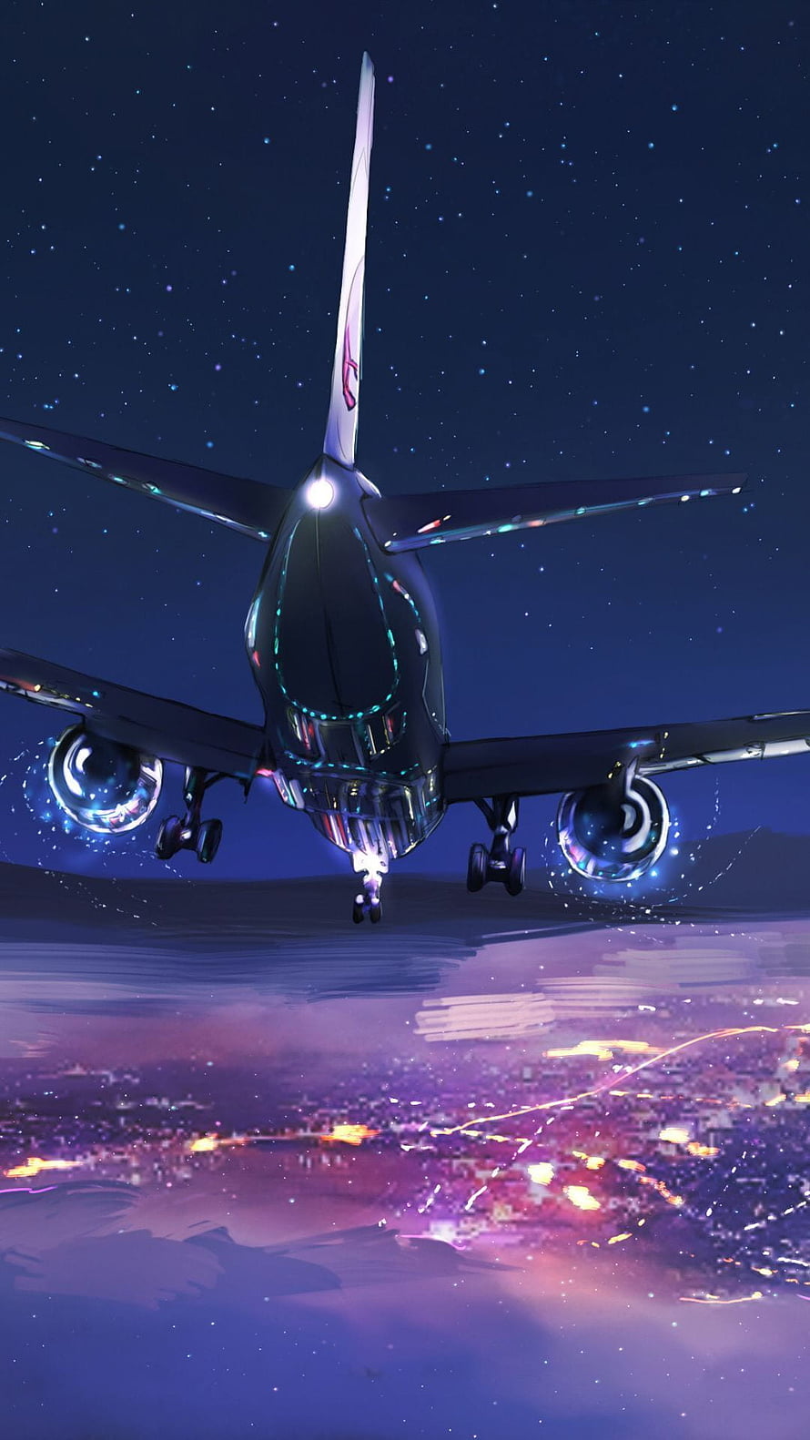 Aesthetic Night Flight: Commercial Airplane Approaching City Lights HD phone wallpaper