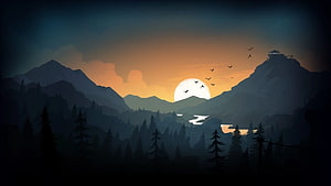 Stylized Mountain Valley at Sunset with Pine Forest and Distant Cabin HD wallpaper