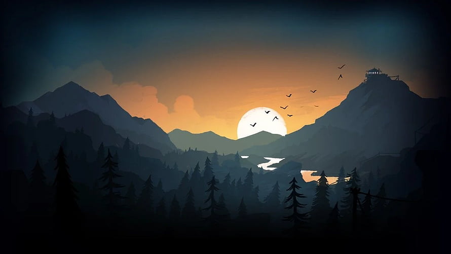 Stylized Mountain Valley at Sunset with Pine Forest and Distant Cabin HD wallpaper