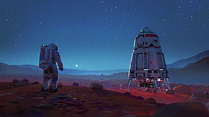 Astronaut Standing on Red Martian Terrain at Night with a Landed Space Capsule Under a Starry Sky HD wallpaper