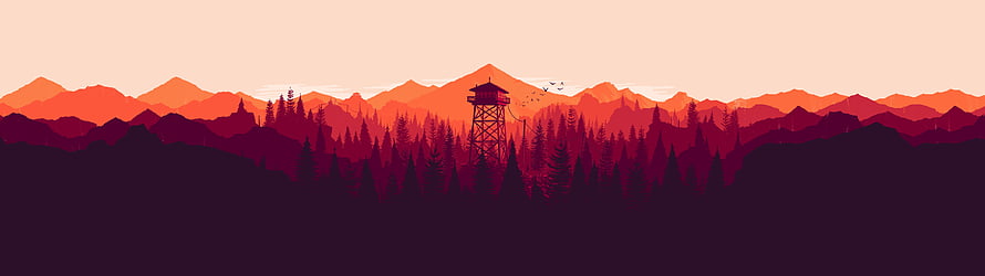 Stylized Fire Watchtower Silhouette Against a Warm Sunset Mountain Range HD wallpaper
