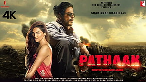 Pathaan Movie Poster Featuring Shah Rukh Khan and Deepika Padukone in Dramatic Action Scene HD wallpaper