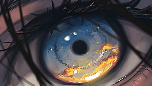 Close-up of a detailed anime eye with blue iris and warm golden reflections HD wallpaper