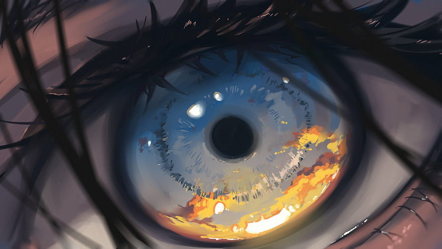 Close-up of a detailed anime eye with blue iris and warm golden reflections HD wallpaper