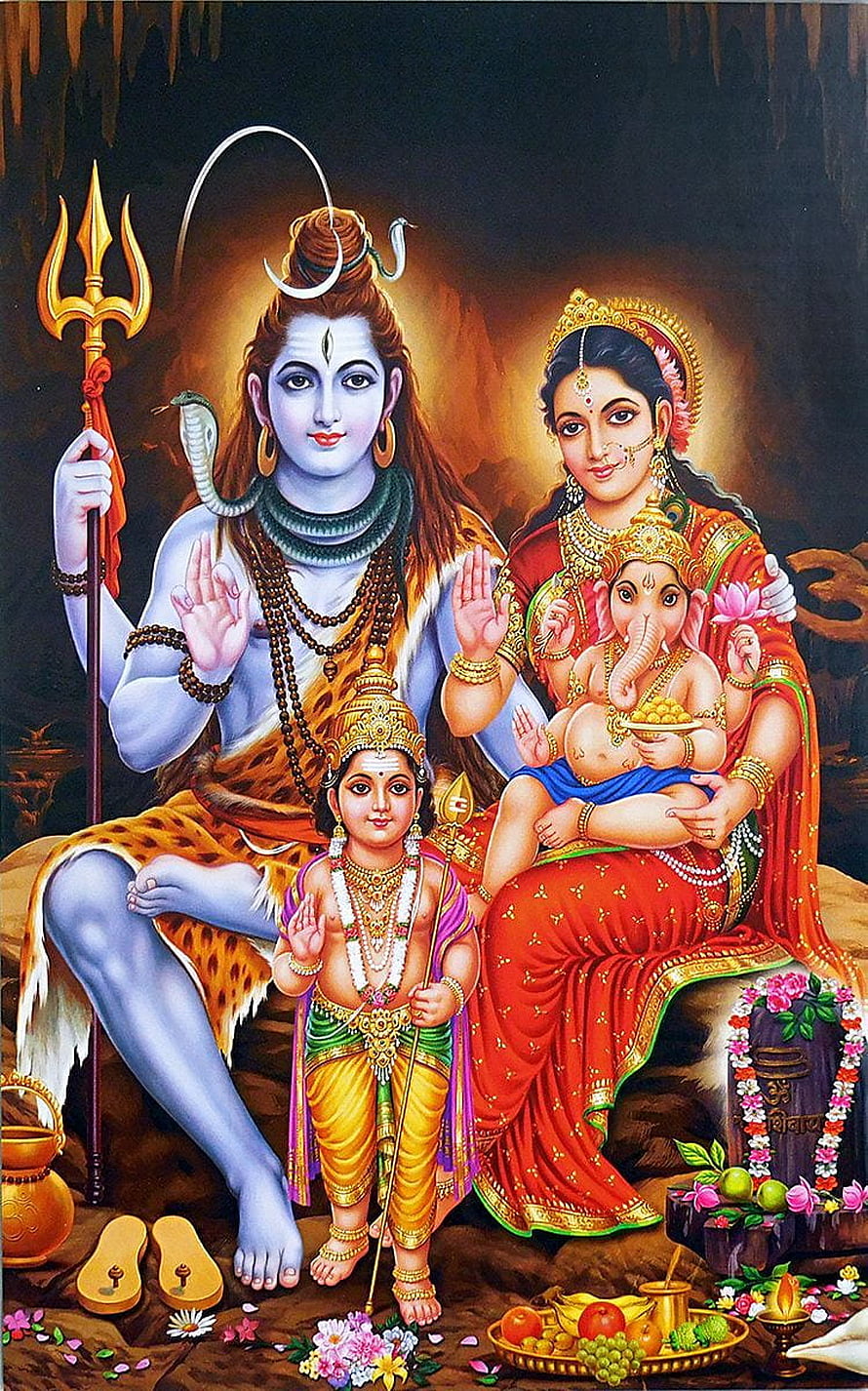 Hindu Deity Family Portrait of Shiva Parvati Ganesha and Kartikeya with Trishul and Offerings HD phone wallpaper