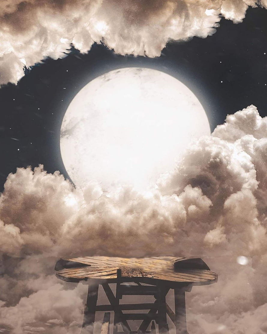 Surreal Floating Wooden Platform Beneath a Giant Moon and Dramatic Clouds HD phone wallpaper