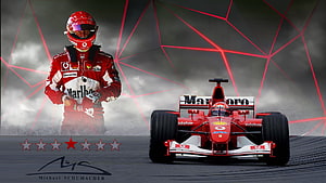 Michael Schumacher in Ferrari F1 Racing Suit and Red Formula One Car HD wallpaper