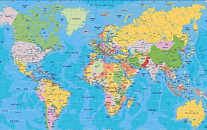 Detailed Political World Map Showing Countries, Oceans, and Continents in Color HD wallpaper