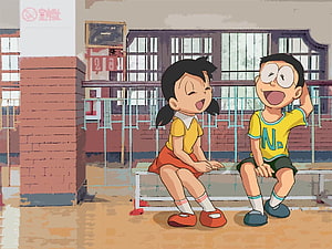 Doraemon Nobita and Shizuka Sitting on a School Bench in a Sunny Courtyard HD wallpaper