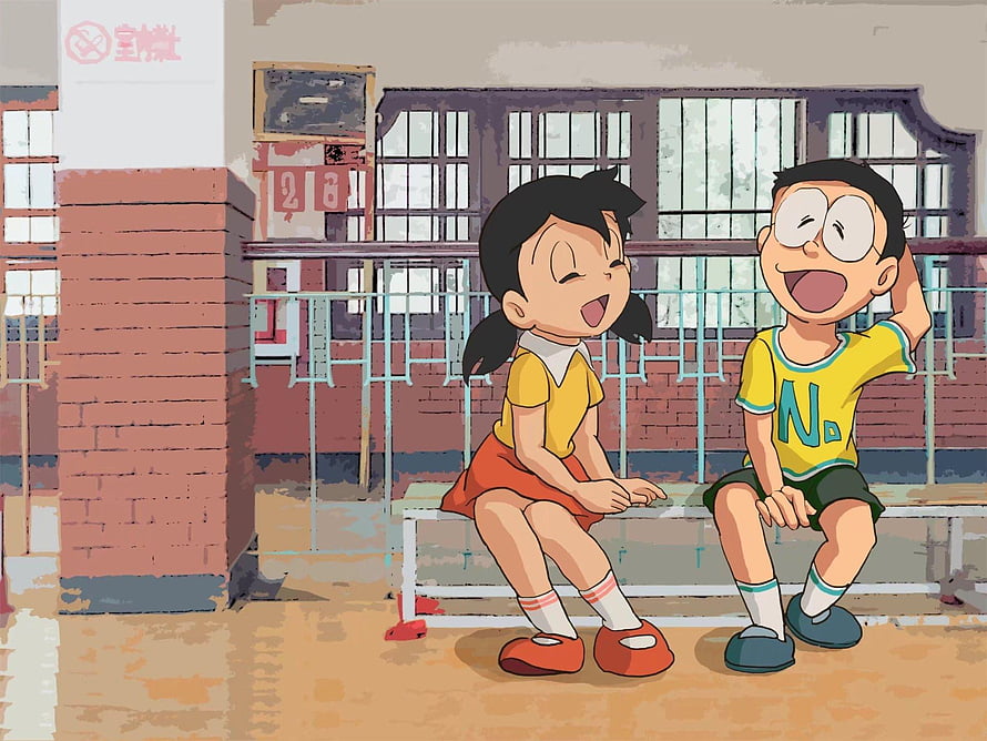 Doraemon Nobita and Shizuka Sitting on a School Bench in a Sunny Courtyard HD wallpaper