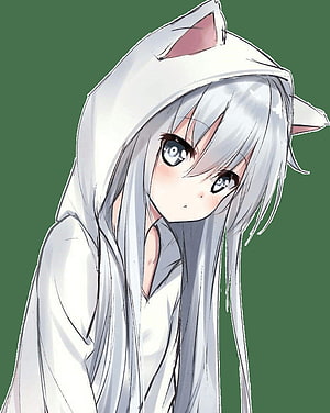 Cute Anime Girl in White Cat Eared Hoodie with Silver Hair HD phone wallpaper