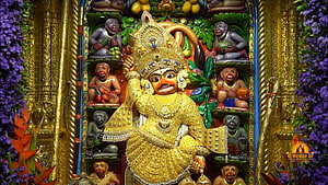 Golden Statue of Lord Hanuman Surrounded by Monkeys and Purple Flowers, sarangpur Hanumanji status, kastbhanjan dev HD wallpaper