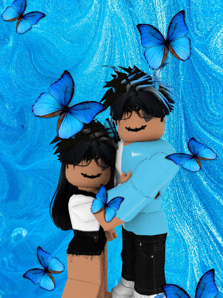 Roblox Couple Avatar Art With Blue Butterflies On Glittery Background HD phone wallpaper