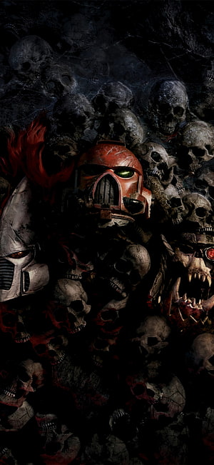 Warhammer 40k Space Marine Helmet Amidst Dark Skull Pile HD phone wallpaper