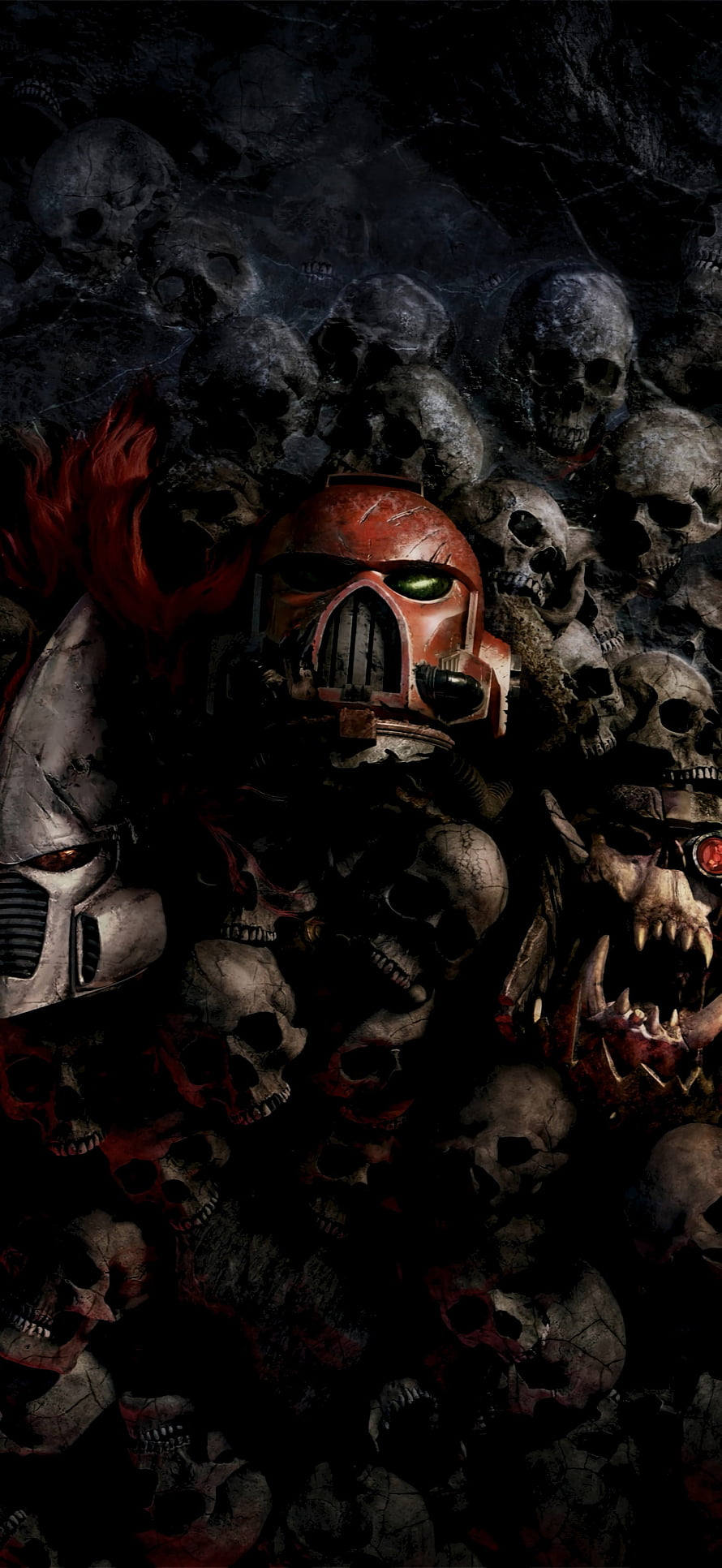 Warhammer 40k Space Marine Helmet Amidst Dark Skull Pile HD phone wallpaper