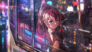 Anime Girl Gazing Through Rainy Bus Window in Neon-Lit Cyberpunk City HD wallpaper