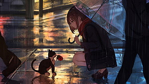 Anime Girl Crouching with Umbrella and Black Cat Holding Rose in Rainy Street HD wallpaper