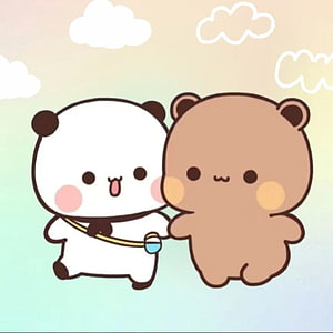 Cute cartoon panda and brown bear walking together in a pastel sky with clouds HD phone wallpaper
