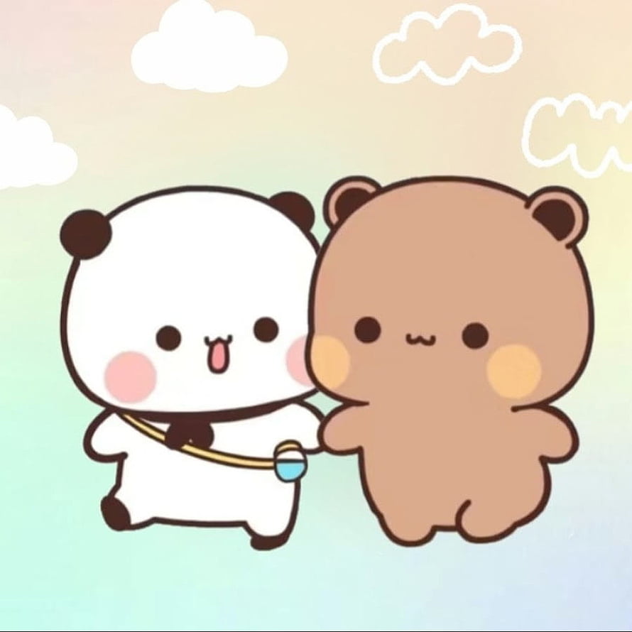 Cute cartoon panda and brown bear walking together in a pastel sky with clouds HD phone wallpaper