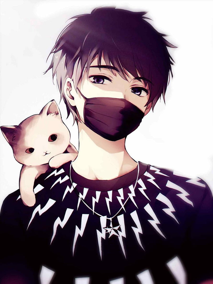 Anime Boy With Black Face Mask Holding Cute White Kitten On Shoulder HD phone wallpaper
