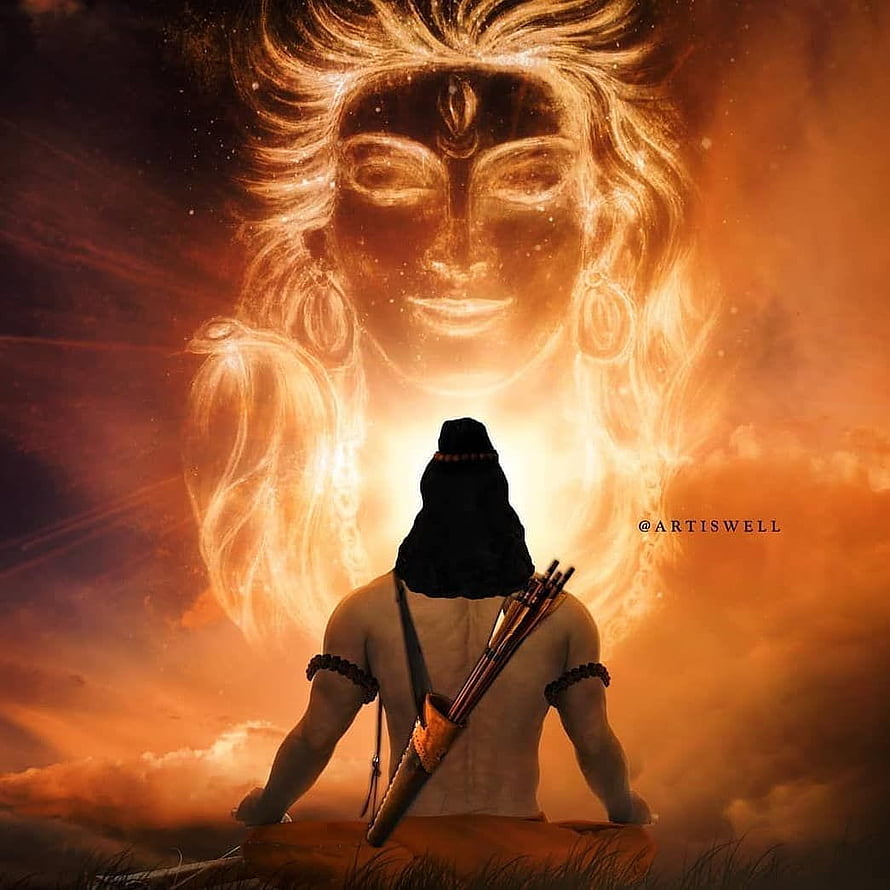 Lord Rama meditating with a glowing divine face of Vishnu in the background, digital art HD phone wallpaper