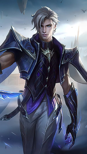 Aamon Mobile Legends Character Artwork in Dark Armor with Silver Hair and Blue Energy HD phone wallpaper