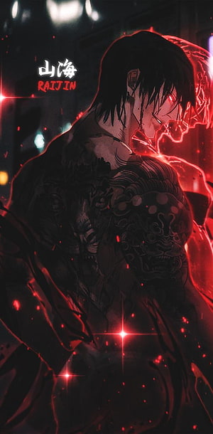 Raijin from Shan Hai Ji with glowing red lightning and intricate back tattoos in dark anime style HD phone wallpaper