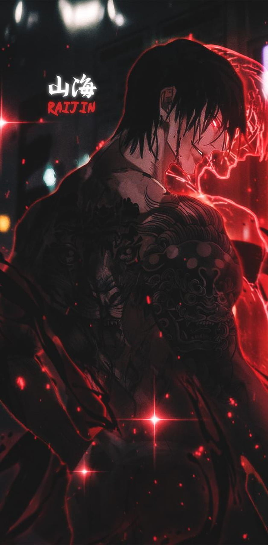 Raijin from Shan Hai Ji with glowing red lightning and intricate back tattoos in dark anime style HD phone wallpaper