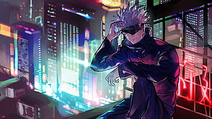 Gojo Satoru from Jujutsu Kaisen in a Neon-Lit Cyberpunk Cityscape HD wallpaper