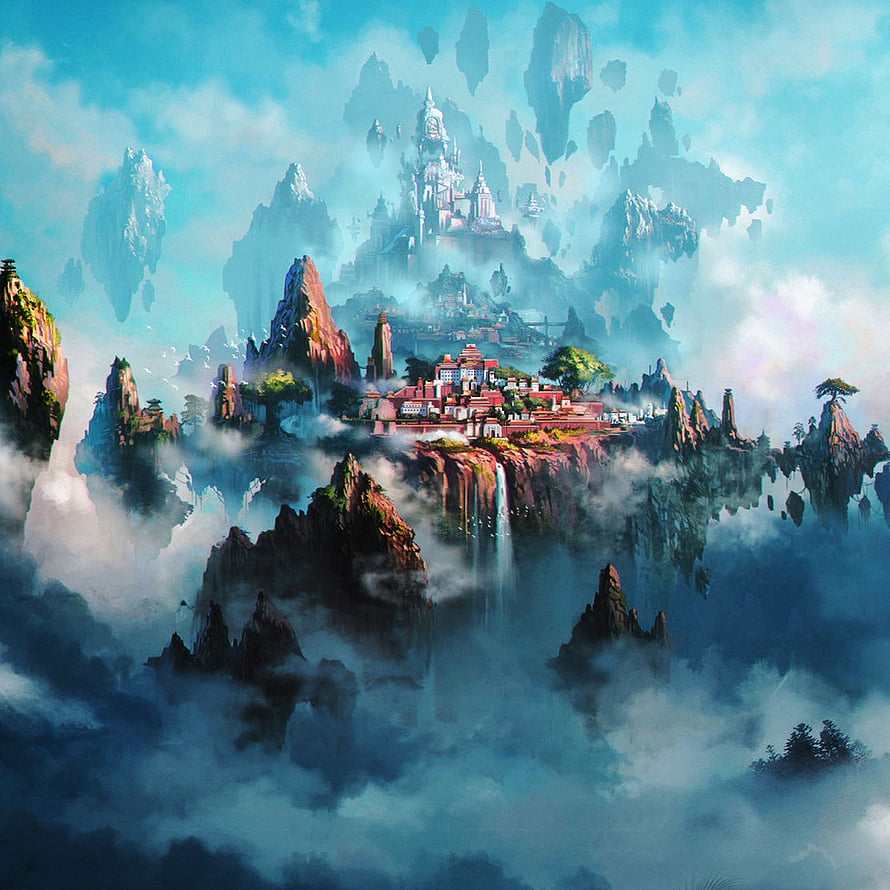Mystical Floating Mountain Temple in Ethereal Clouds Fantasy Landscape HD phone wallpaper