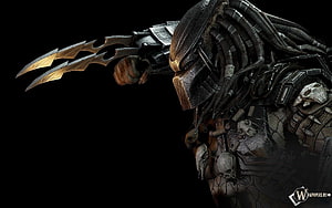 Predator Alien Warrior Wielding Triple-Bladed Claw Weapon in Dark Sci-Fi Setting HD wallpaper