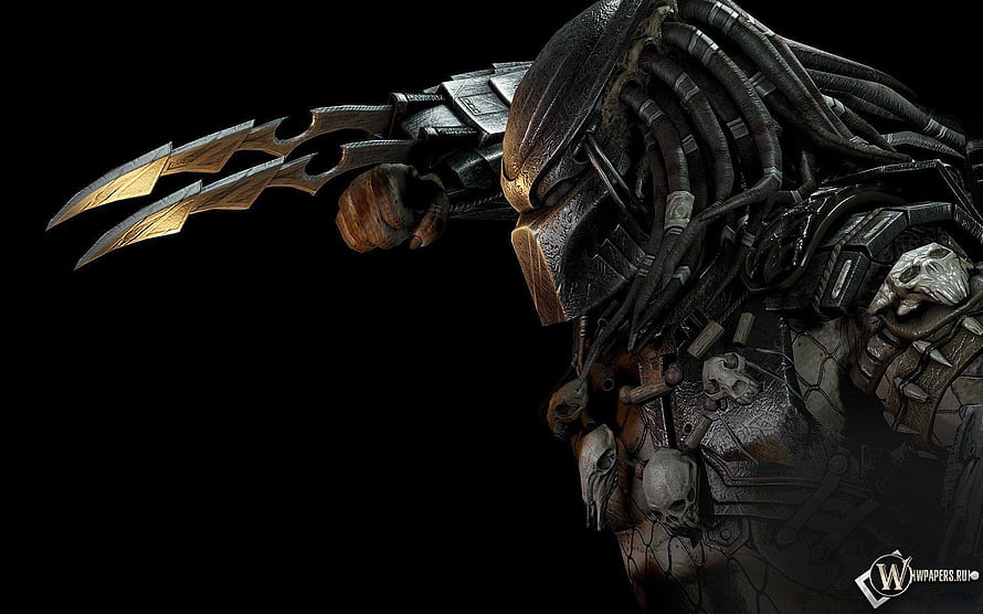 Predator Alien Warrior Wielding Triple-Bladed Claw Weapon in Dark Sci-Fi Setting HD wallpaper