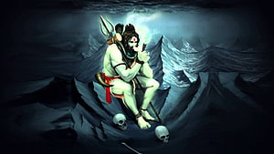 Mahadeva Meditating on Snowy Peak with Trishul and Skulls HD wallpaper