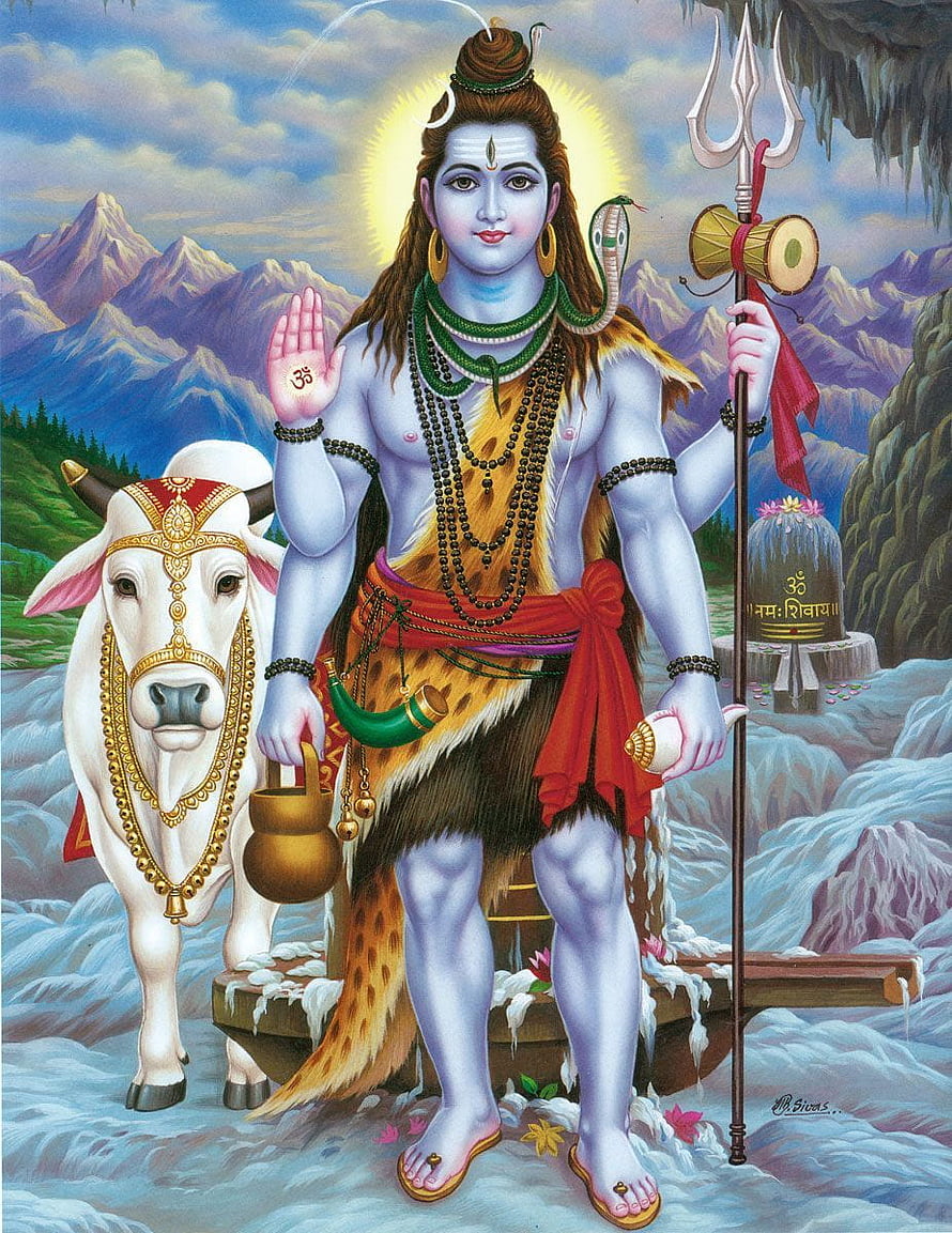 Lord Shiva Standing With Nandi Bull And Trishul In Himalayan Mountains HD phone wallpaper