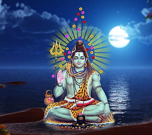 Lord Shiva Meditating Under Full Moon With Trishul And Shiva Lingam HD wallpaper