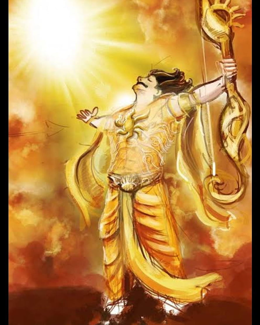 Karna Holding His Bow in Golden Light Against a Fiery Sky HD phone wallpaper