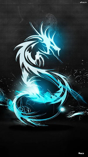 Glowing Cyan Dragon S-Shaped Digital Art on Dark Hexagonal Background HD phone wallpaper